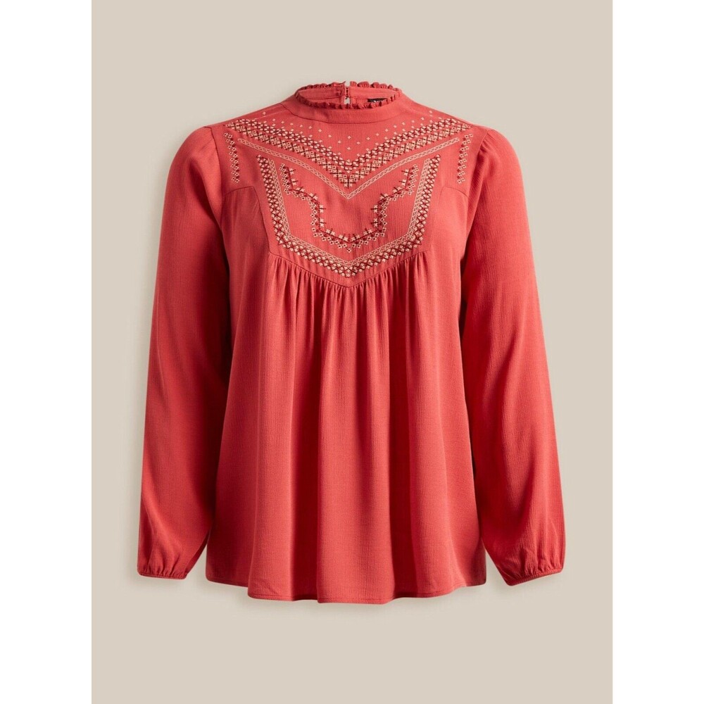 Torrid Women's Coral Boho Embroidered Ruffle Trim Blouse Size 2X Relaxed Career